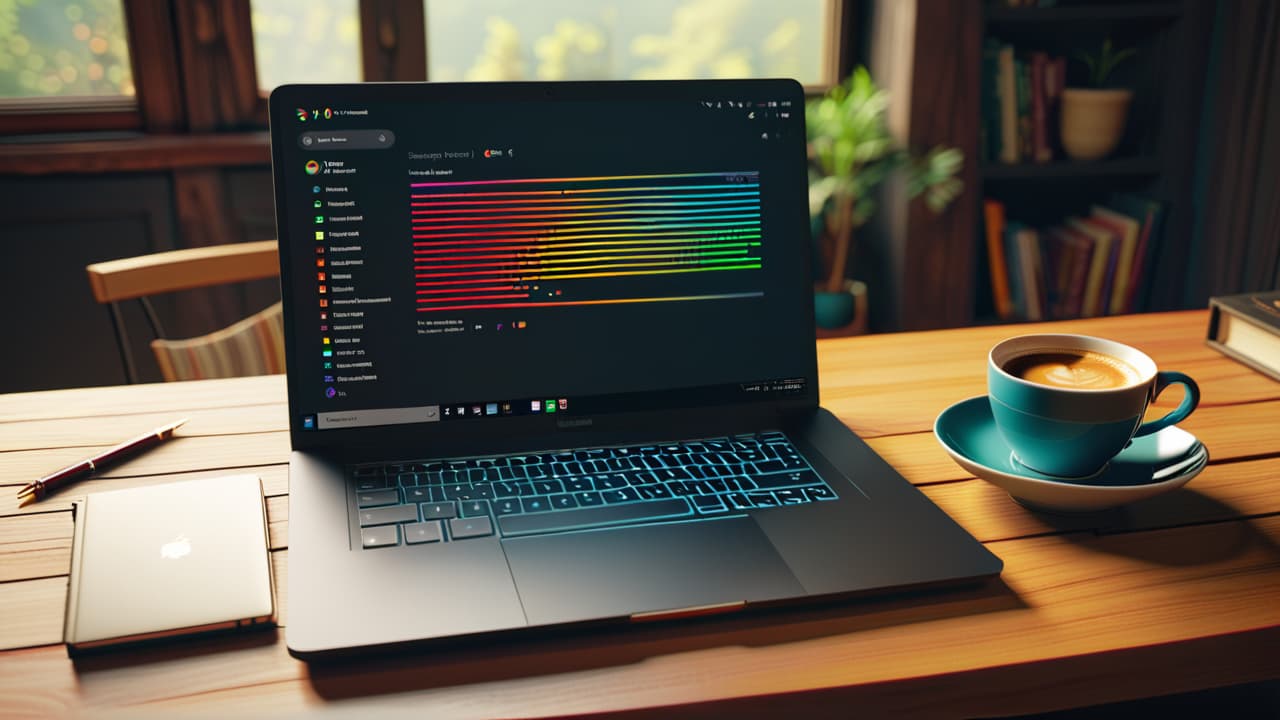  a sleek laptop sits on a wooden desk, displaying colorful lines of python code on the screen. surrounding the laptop, various api icons and a steaming cup of coffee create a cozy tech environment. hyperrealistic, full body, detailed clothing, highly detailed, cinematic lighting, stunningly beautiful, intricate, sharp focus, f/1. 8, 85mm, (centered image composition), (professionally color graded), ((bright soft diffused light)), volumetric fog, trending on instagram, trending on tumblr, HDR 4K, 8K