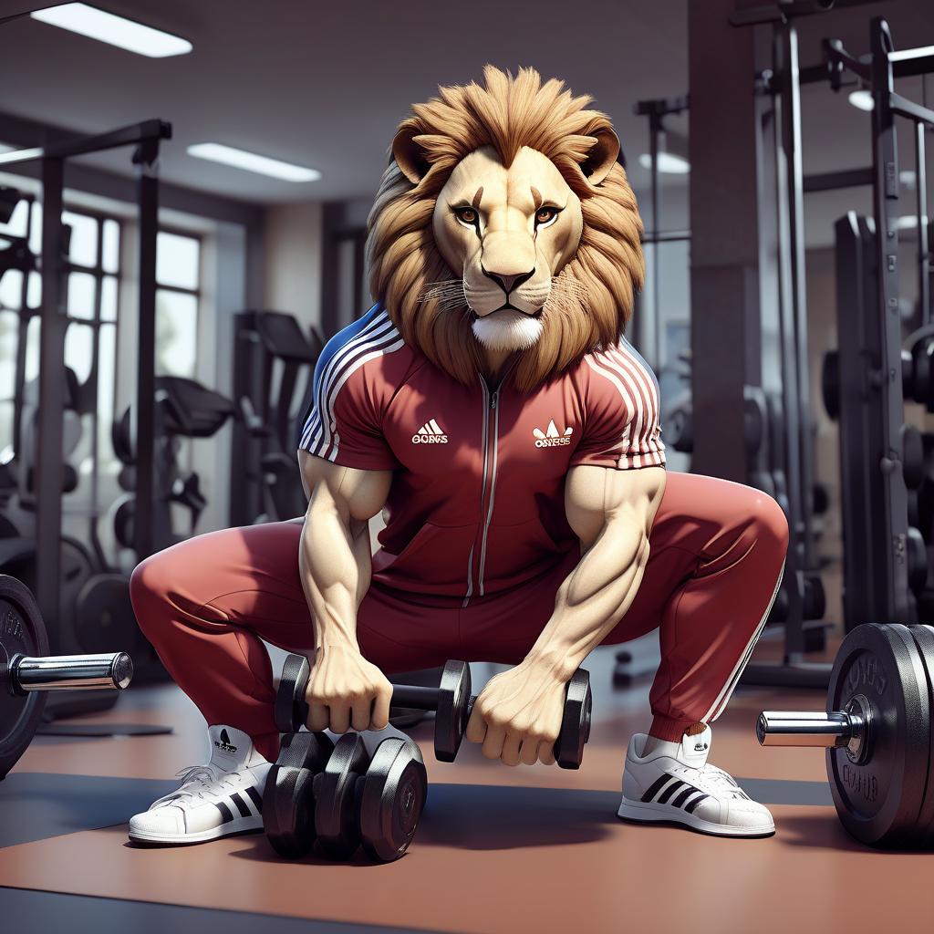  high quality, high detail, lion in tracksuit "adidas", gym, on the floor dumbbells,