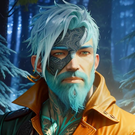  male genasi of water with pale blue hairs, pale blue beard and monocular on eye. He wears a dark green raincoat, a black leather jacket and a linen shirt, Overland fantasy woodland map, such as a map, a font that is modern and easy to read hyperrealistic, full body, detailed clothing, highly detailed, cinematic lighting, stunningly beautiful, intricate, sharp focus, f/1. 8, 85mm, (centered image composition), (professionally color graded), ((bright soft diffused light)), volumetric fog, trending on instagram, trending on tumblr, HDR 4K, 8K