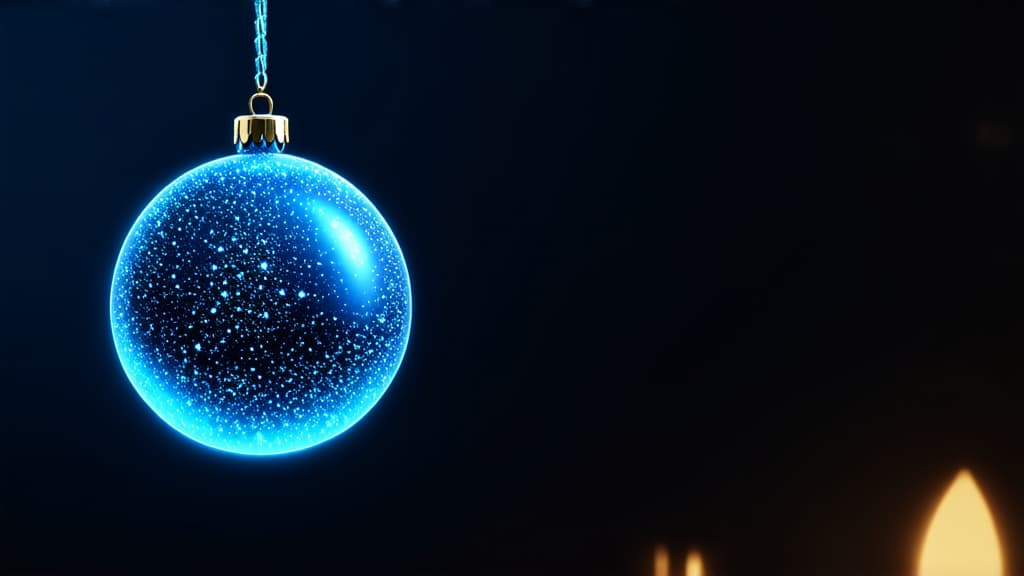  epic realistic, hyperdetailed, (cycles render:1.3), caustics, (glossy:0.58), (artstation:0.82),light blue sparkling christmas ball hanging on left side on dark blue background with glitters ar 16:9