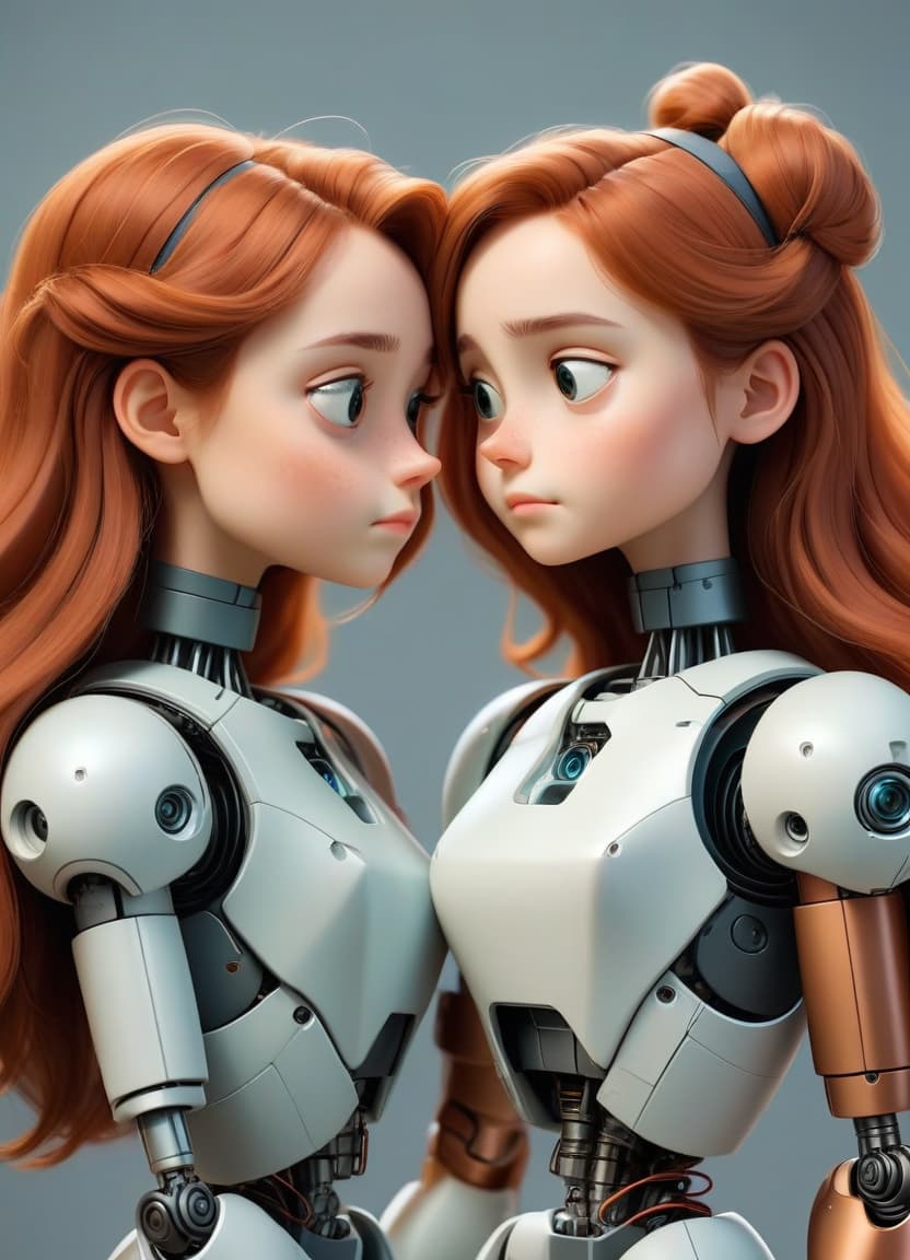   cute sisters on the lips. looking at each other. hugs. . cheeks are plump. they have the bodies of robot s.