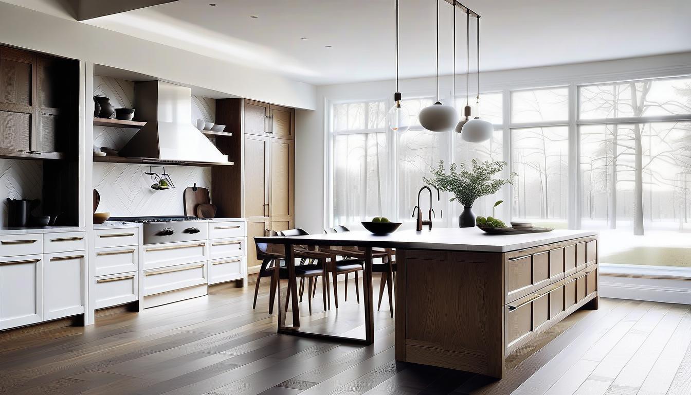  architectural style interior. kitchen. classic style. photo. white walls. wide window. floor oak cabinets. white. details chrome, dark oak. dining area by the window. . clean lines, geometric shapes, minimalist, modern, architectural drawing, highly detailed