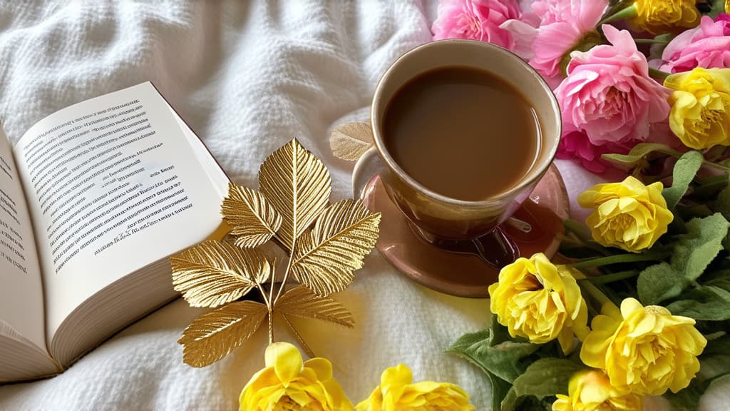  a cup of coffee and a book on the bed, pink yellow flowers all around, avatar image, favorite fan, profile picture, gold leaf, profile picture, poetry, beautiful compositions, professional photo postcard ar 16:9 {prompt}, maximum details