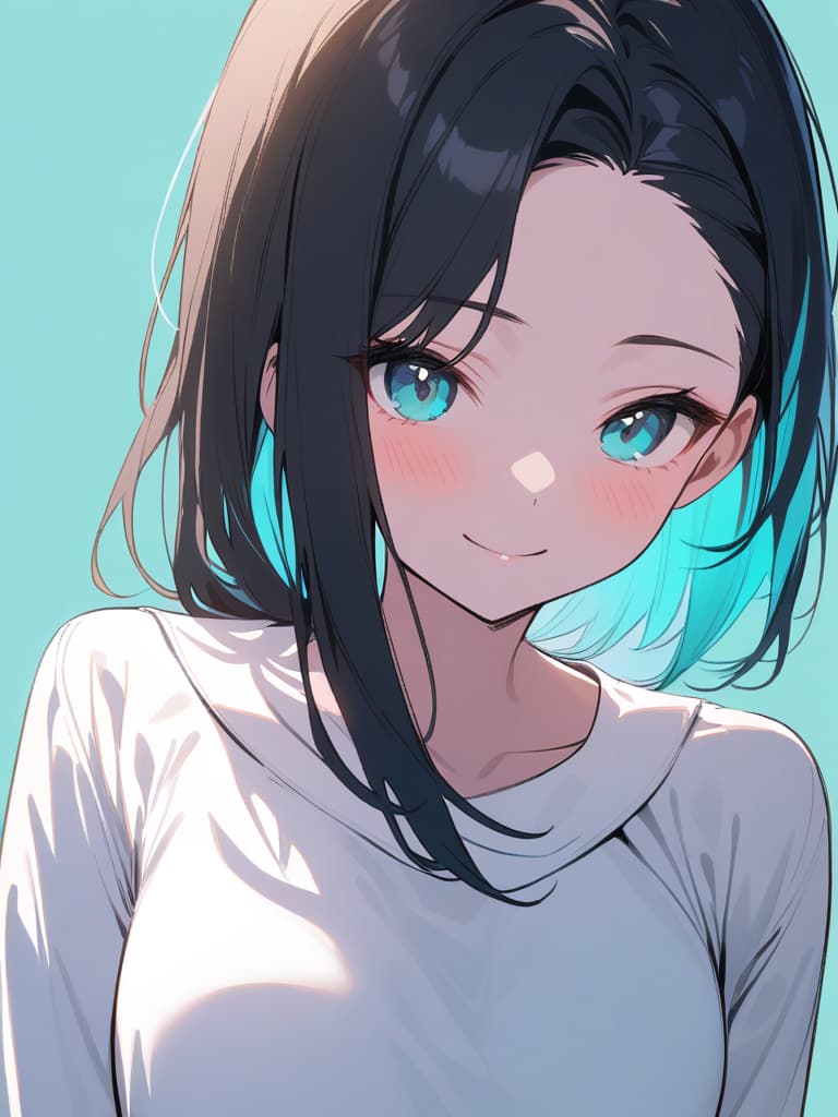  ultra detailed:1.2,masterpiece:1.2,best quality,masterpiece,bestquality,hdr:1.1,8k:1.1,very cute girl:1.3,(((off center part hair,black hair:1.9)))(short hair:1.1),(forehead:1.4),((from front:1.5)),(upper body:1.2)(face focus:1.2),(white sailor sundress:1.2)(smile:1.3)(light aqua background color:1.6)