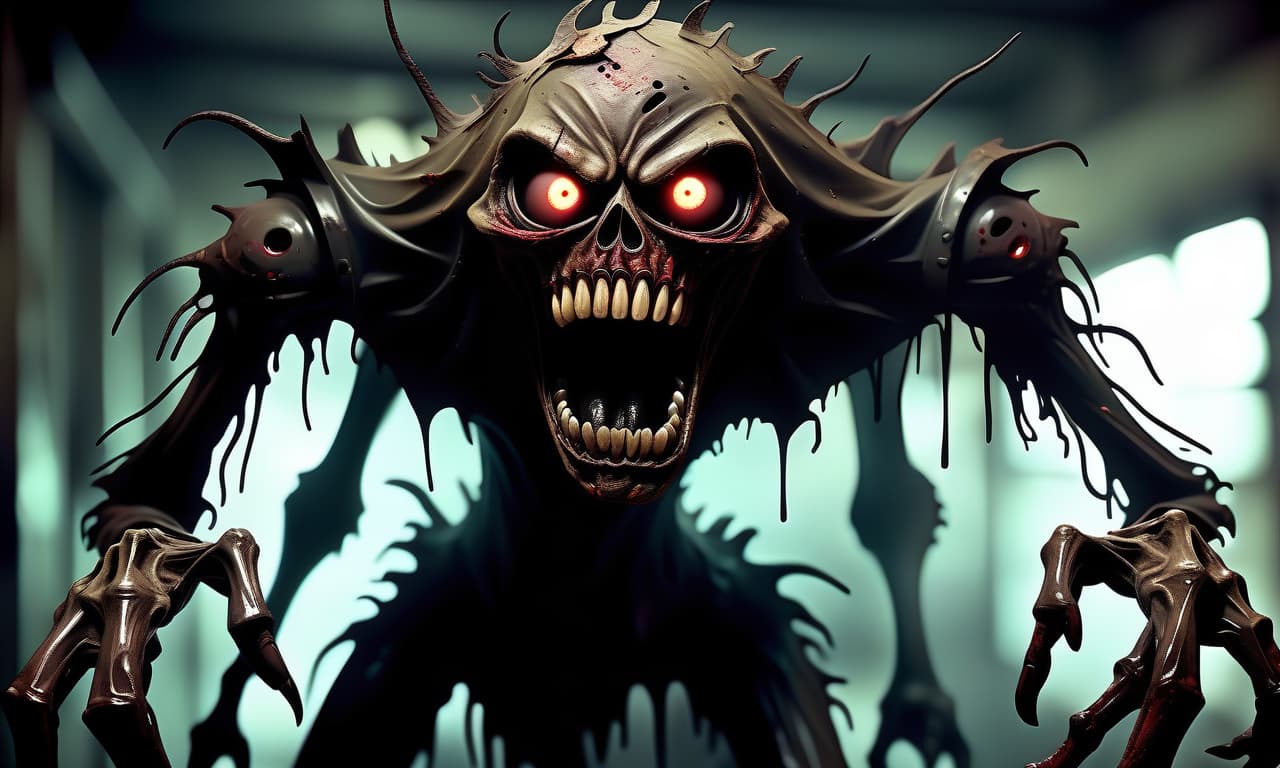  horror themed a terrifying creature made up of rubbish and rot, with eyes gleaming in the darkness and long teeth. the silhouette is blurred. it looks scary and threatening. . eerie, unsettling, dark, spooky, suspenseful, grim, highly detailed