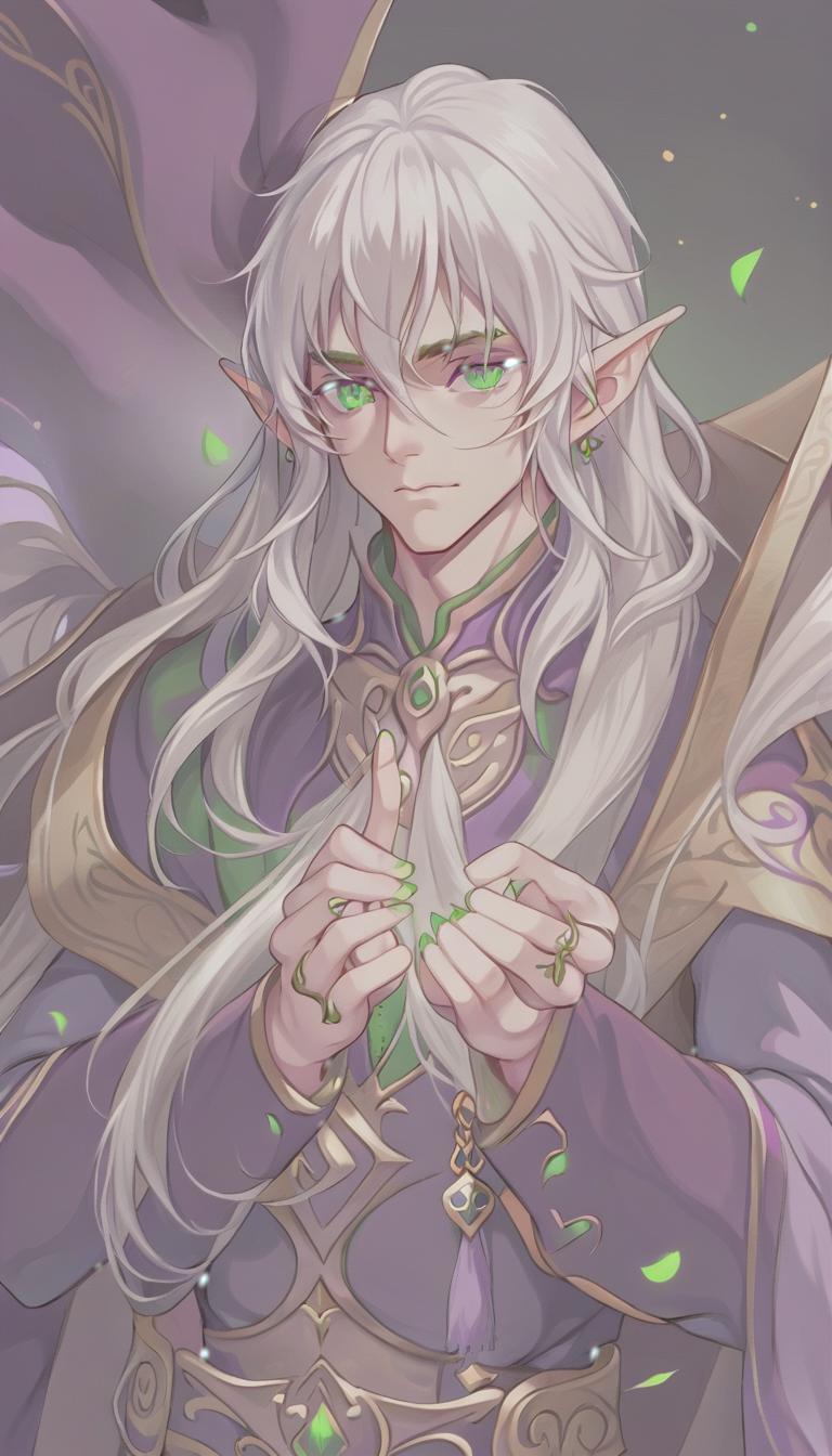  man, elf, long white hair, green eyes, purple clothes, four fingers on the hands