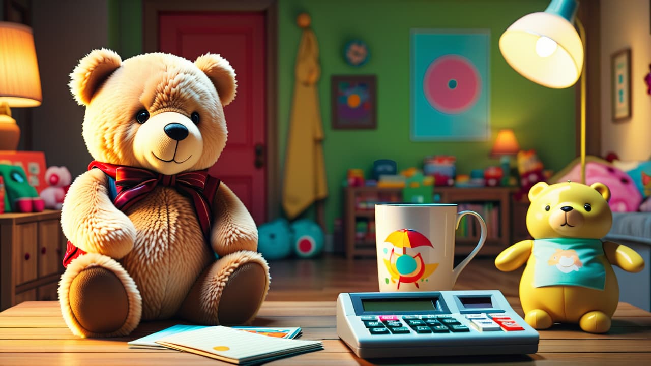  a cozy nursery scene with a crib, colorful gear, a calculator, and scattered monthly expense charts; a teddy bear holding a piggy bank, surrounded by diapers, bottles, and clothes. hyperrealistic, full body, detailed clothing, highly detailed, cinematic lighting, stunningly beautiful, intricate, sharp focus, f/1. 8, 85mm, (centered image composition), (professionally color graded), ((bright soft diffused light)), volumetric fog, trending on instagram, trending on tumblr, HDR 4K, 8K