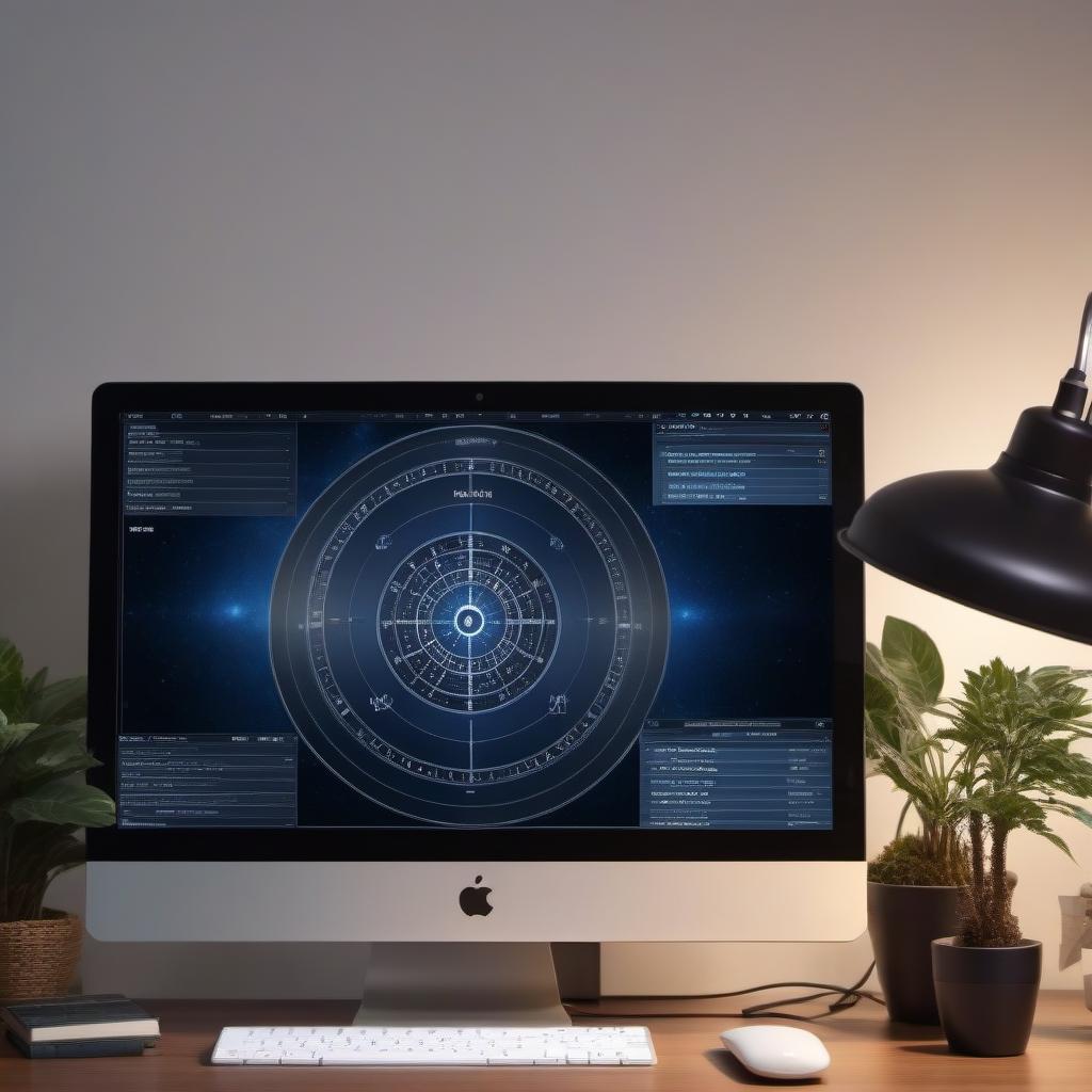  Astrology lesson online on a computer monitor. Negotiations via Skype. Headphones and microphone on the guy.The astrolabe. Joy.