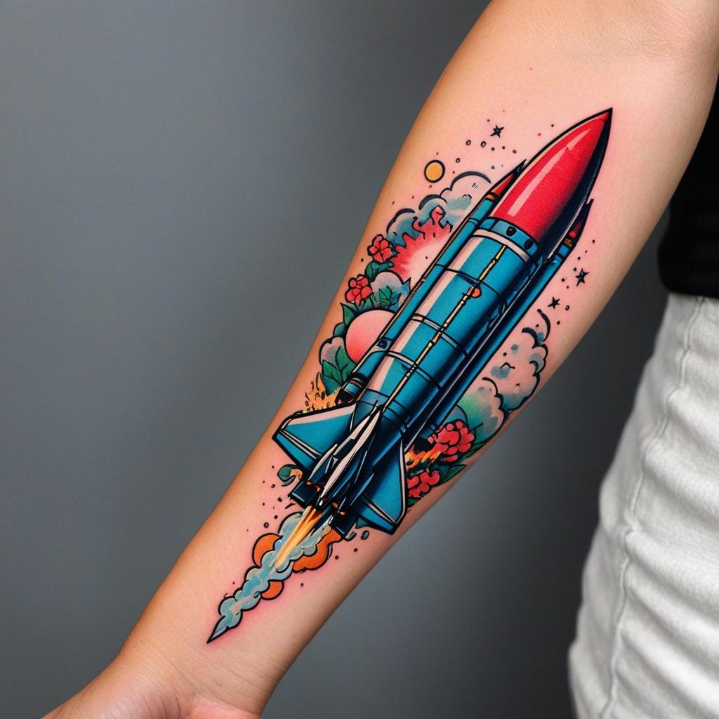  pioneer grandmother riding a red rocket launching into space holding a pickle smoking marijuana, (tattoo), (sleeve tattoo design on the arm)