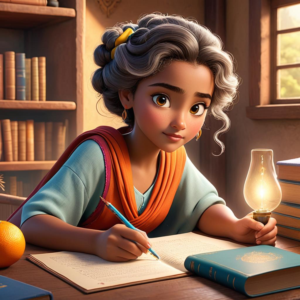  in 3d animated movie style. disney pixar style. masooma, , a young with bright eyes and medium length curly hair tied back with a bow, wearing a colorful t shirt and shorts. gitra, ancient, a wise elder in flowing robes with long gray hair. cozy study filled with books and tech gadgets, a whiteboard with coding concepts. high resolution pixar 3d animation. warm tones like browns, oranges, pastels, soft, warm lighting. bird's eye view of masooma and gitra at a table with papers and top coding.