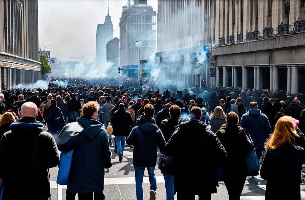  many people rush to work in the morning, the street is filled with people near the metro, everyone smokes vapes, there is a thick smog in the air from smoking, view from above ar 3:2 {prompt}, maximum details