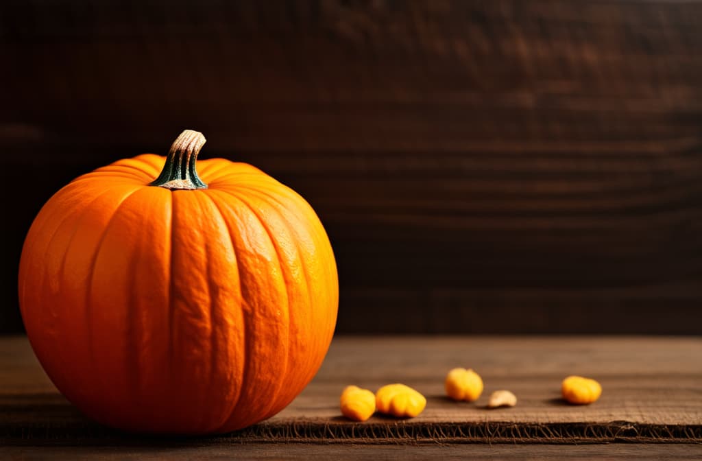  food gourmet photography style, halloween pumpkin on dark wooden background, light, space for text on the right ar 3:2, appetizing, professional, culinary, high resolution, commercial, highly detailed ,soft natural lighting, macro details, vibrant colors, fresh ingredients, glistening textures, bokeh background, styled plating, wooden tabletop, garnished, tantalizing, editorial quality