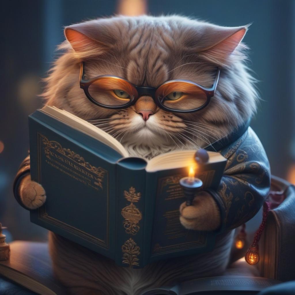  A fat cat with glasses is reading a book hyperrealistic, full body, detailed clothing, highly detailed, cinematic lighting, stunningly beautiful, intricate, sharp focus, f/1. 8, 85mm, (centered image composition), (professionally color graded), ((bright soft diffused light)), volumetric fog, trending on instagram, trending on tumblr, HDR 4K, 8K