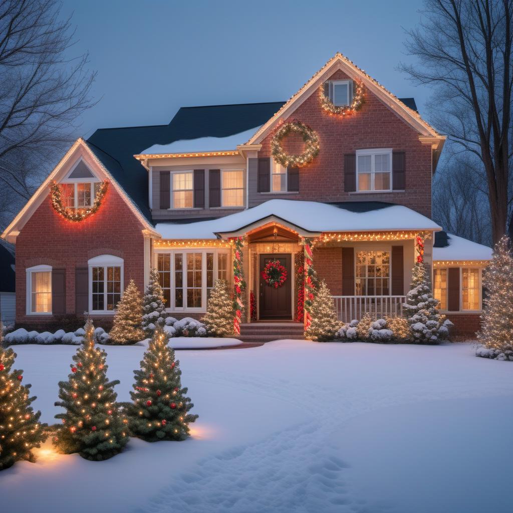  A festive holiday scene featuring a beautifully decorated house with an impressive display of lights. The house should be adorned with strings of colorful holiday lights, glowing reindeer, and a sparkling Christmas tree visible through the window. The setting should depict a cozy neighborhood at night with a welcoming, magical atmosphere. Text overlay: 'Light Up The Holidays with Professional Lighting Decoration Services' and include the hashtags #ChristmasLights, #HolidayDecoration, #ProfessionalService, #MarineCity, #SaintClair, #Marysville, #Algonac, #ClayTownship, #HolidaySeason, #FestiveLights hyperrealistic, full body, detailed clothing, highly detailed, cinematic lighting, stunningly beautiful, intricate, sharp focus, f/1. 8, 85mm, (centered image composition), (professionally color graded), ((bright soft diffused light)), volumetric fog, trending on instagram, trending on tumblr, HDR 4K, 8K