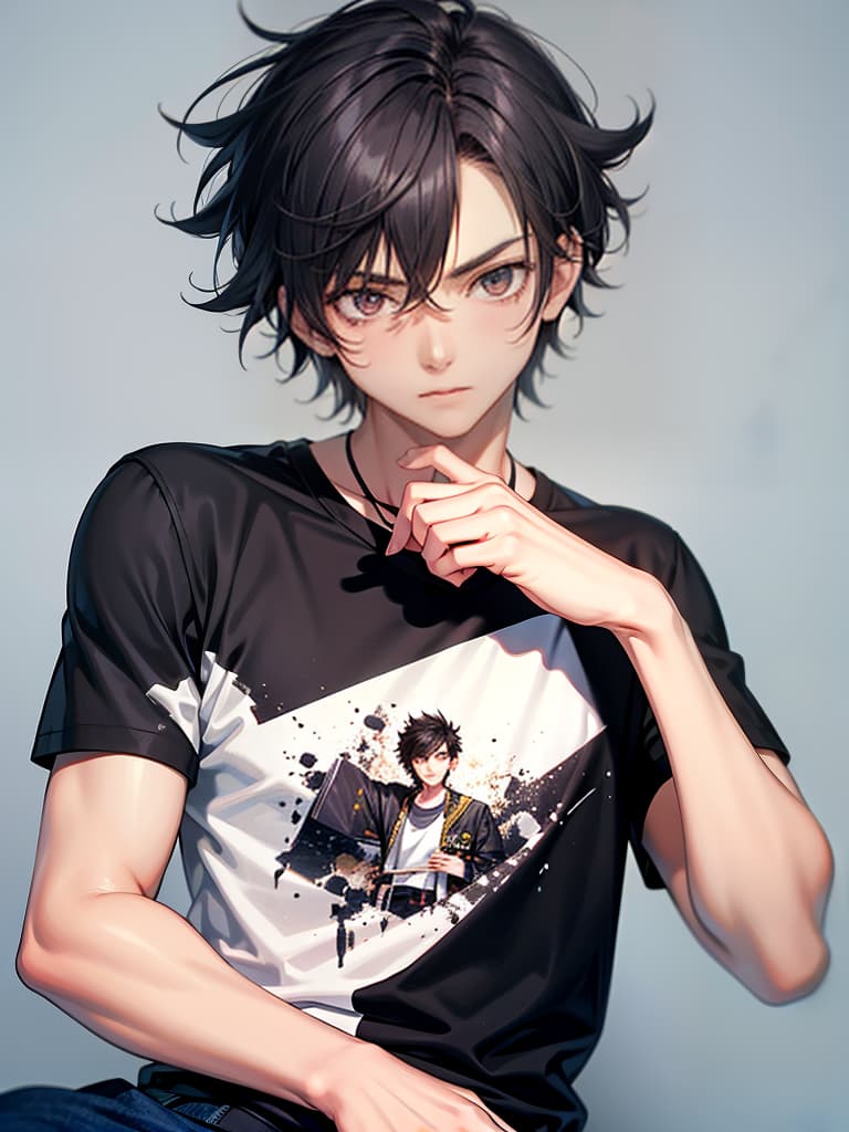  masterpiece,simple background,face only,solo,boy,male focus,22yo,serious,intelligence,genius,black hair,(short hair,messy hair,spiked hair),slender,toned body,male clothes,t shirt,pose,