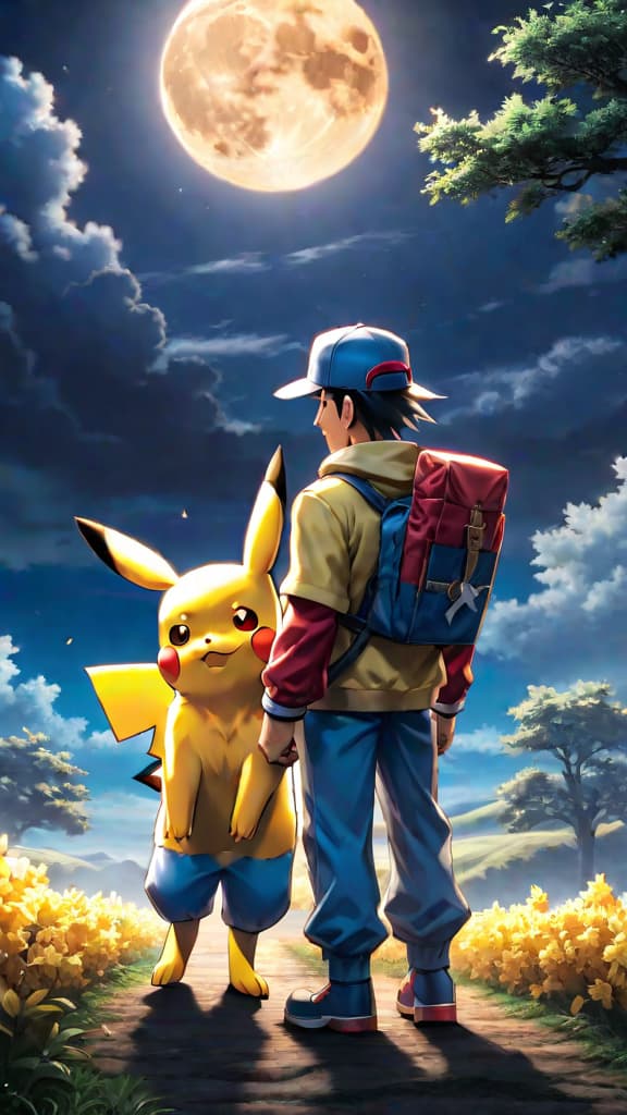  ash ketchum and pikachu from pokémon standing together under a full moon, symbolizing their unbreakable friendship, anime art hyperrealistic, full body, detailed clothing, highly detailed, cinematic lighting, stunningly beautiful, intricate, sharp focus, f/1. 8, 85mm, (centered image composition), (professionally color graded), ((bright soft diffused light)), volumetric fog, trending on instagram, trending on tumblr, HDR 4K, 8K