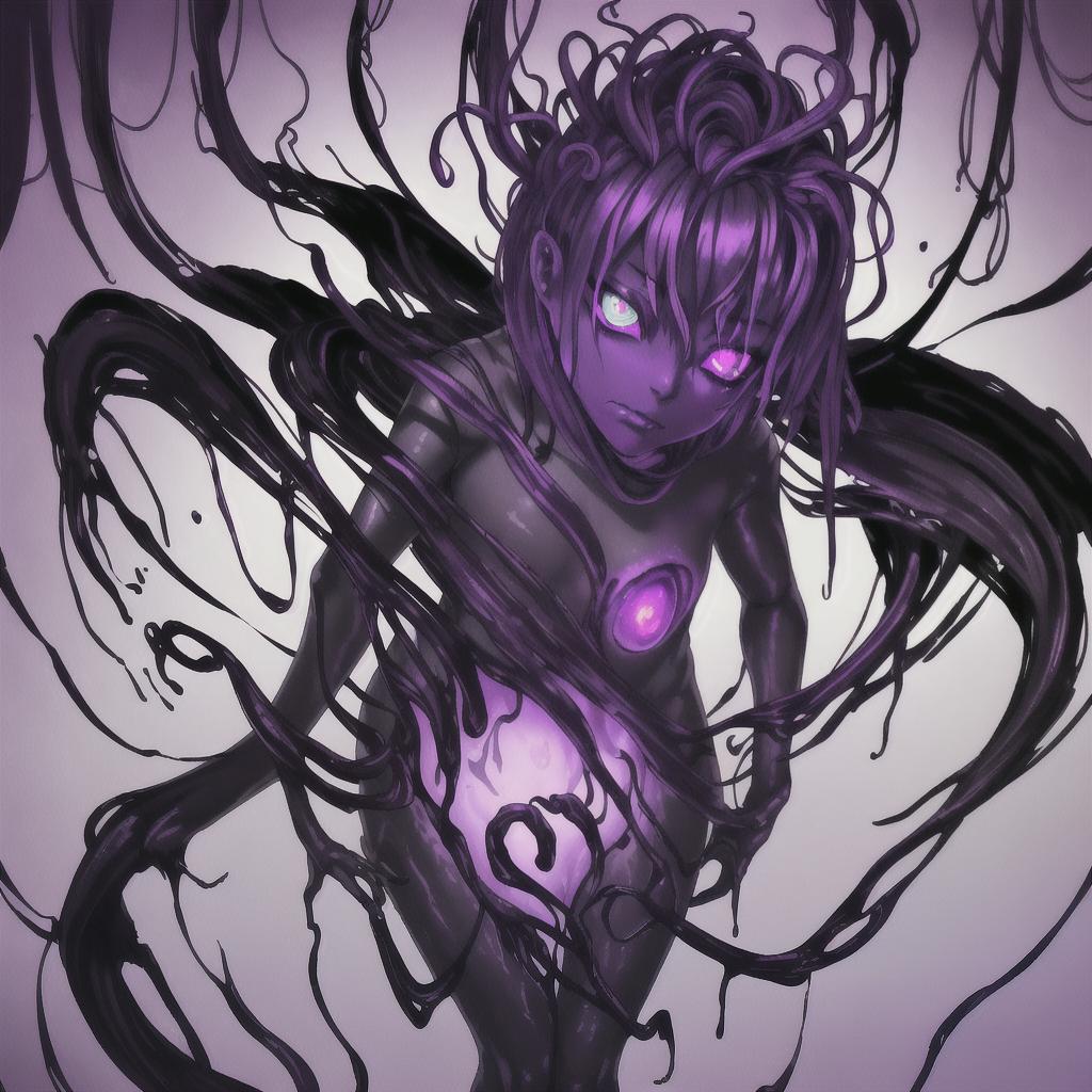  Create a dark, surreal image featuring a humanoid figure with glowing purple eyes. The figure appears to be emerging from or enveloped in shadowy, ink like tendrils or splashes. The overall color scheme is dominated by deep purples and blacks, with intense, bright purple light emanating from the eyes. The background is abstract and chaotic, enhancing the eerie and otherworldly atmosphere