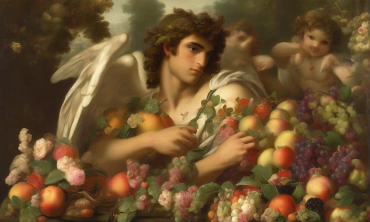   with flowers, fruits and a jug of wine es a young man surrounded by cupids