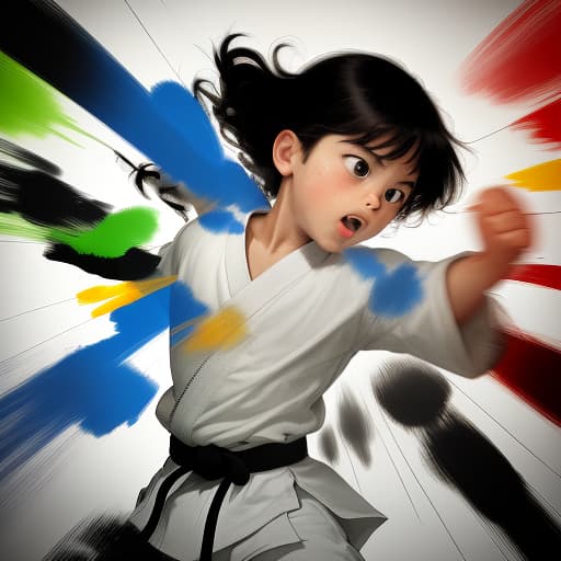  the child is engaged in karate, drawing, colors, bright colors on a white background,, dynamic, action packed, thrilling, by neil leifer, walter iooss jr., bob martin, eadweard muybridge, robert capa