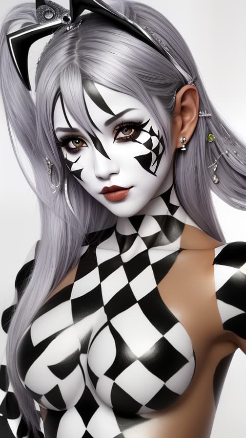  Chessboard check body paint in every corner of the body, Silver body paint all over the body, white face paint on the face, Dark elf 女性