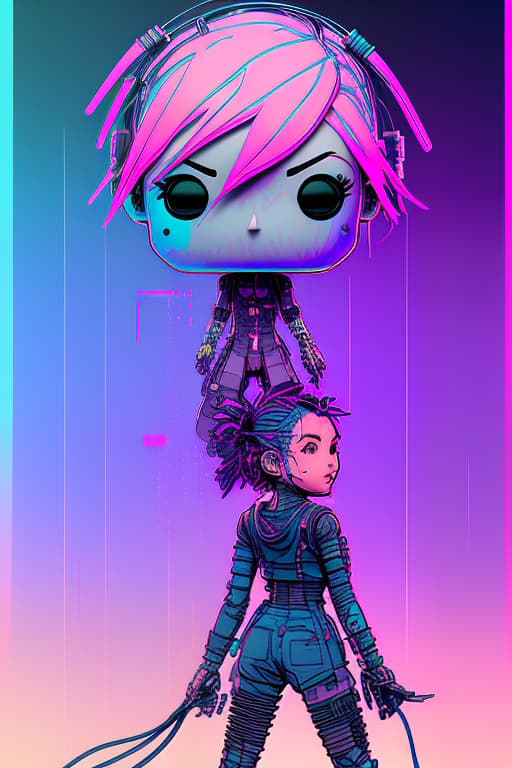 nvinkpunk girl cyberpunk magical artifacts hair blue pink utopia bright eyes tokyo funko pop tattoo, character sheet, concept design, contrast, style by kim jung gi, zabrocki, karlkka, jayison devadas, trending on artstation, 8k, ultra wide angle, pincushion lens effect