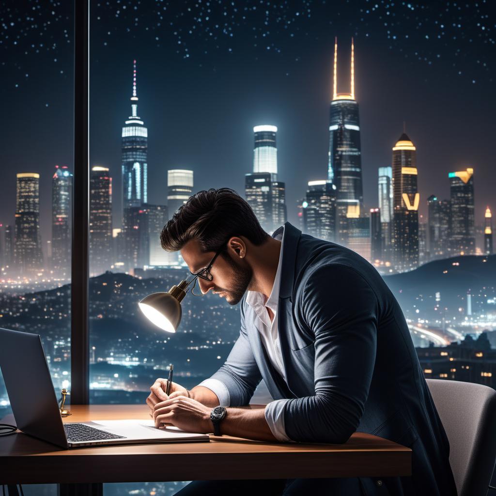  A motivational scene with someone studying late at night, illuminated by a desk lamp, while a city skyline sleeps under a starry sky. The atmosphere should exude determination and discipline, emphasizing the hard work and sacrifices being made. The backdrop showcases a sleeping city, with a person deeply focused on their studies, embodying the essence of 'Let them sleep while you grind.' hyperrealistic, full body, detailed clothing, highly detailed, cinematic lighting, stunningly beautiful, intricate, sharp focus, f/1. 8, 85mm, (centered image composition), (professionally color graded), ((bright soft diffused light)), volumetric fog, trending on instagram, trending on tumblr, HDR 4K, 8K