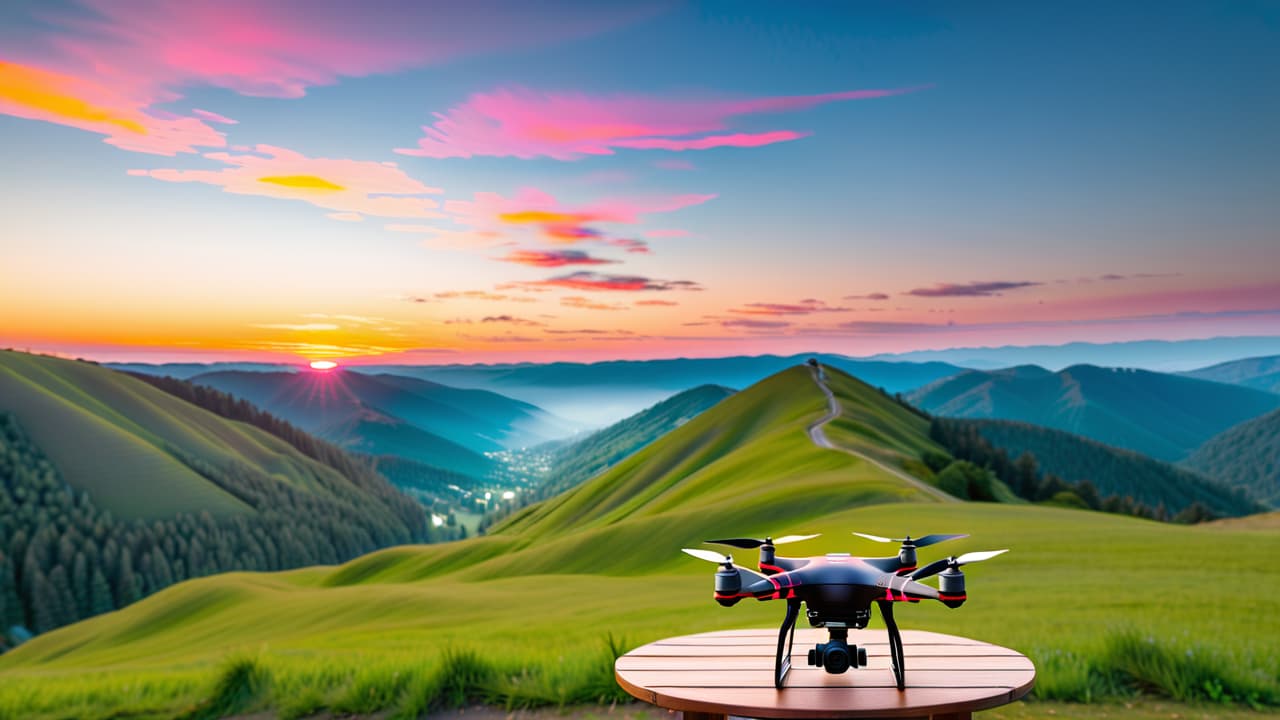  a serene landscape featuring a vibrant sunset over a picturesque valley, with a sleek drone hovering above, capturing the scene. nearby, a beginner enthusiast examines different drones on a table adorned with camera gear. hyperrealistic, full body, detailed clothing, highly detailed, cinematic lighting, stunningly beautiful, intricate, sharp focus, f/1. 8, 85mm, (centered image composition), (professionally color graded), ((bright soft diffused light)), volumetric fog, trending on instagram, trending on tumblr, HDR 4K, 8K