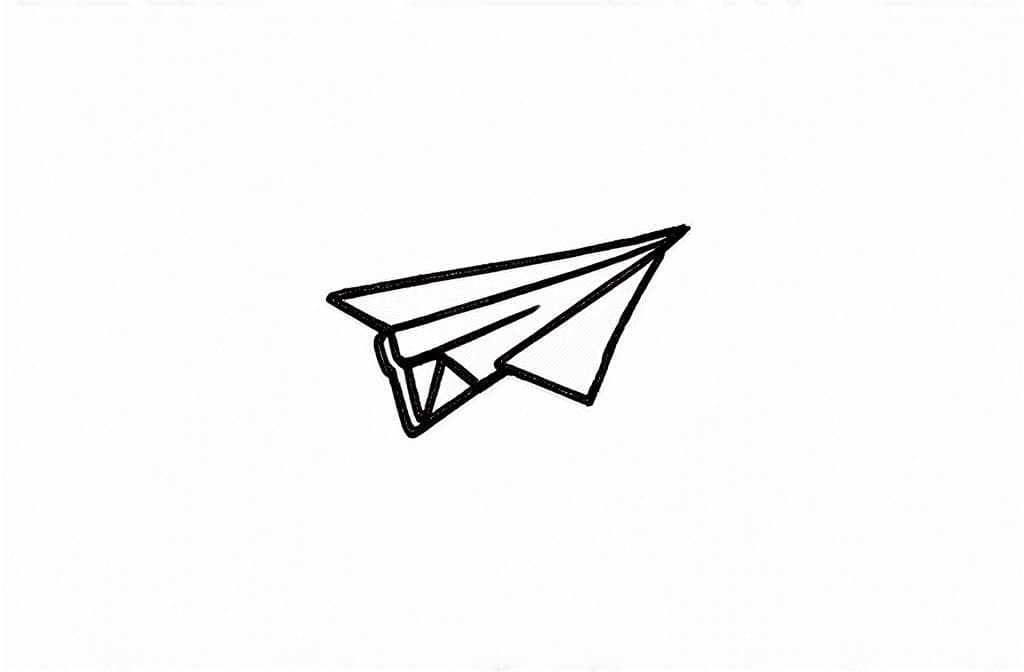  contour, very simple image in one unbroken black ink line, single line of paper plane, icon, engraving illustration ar 3:2 using a single continuous black line ink brushon white background, drawing should be created without lifting the pen, recognizable features of paper plane, icon, engraving illustration ar 3:2 in one unbroken line