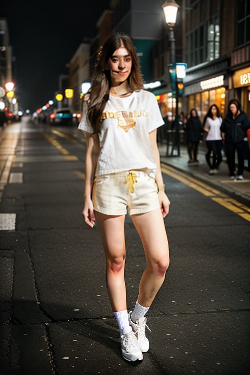  1, long hair, round face, big eyes, thin lips, white t shirt with written on it, gold pleated , milk tea colored socks, white sneakers, smiling, standing, take a full body shot, polaroid photo, night photo, photo of 24 y.o beautiful woman, pale skin, bokeh, motion blur hyperrealistic, full body, detailed clothing, highly detailed, cinematic lighting, stunningly beautiful, intricate, sharp focus, f/1. 8, 85mm, (centered image composition), (professionally color graded), ((bright soft diffused light)), volumetric fog, trending on instagram, trending on tumblr, HDR 4K, 8K