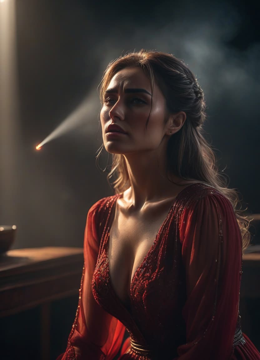  a tearful girl with her hands on her head around blood and flashes of light hyperrealistic, full body, detailed clothing, highly detailed, cinematic lighting, stunningly beautiful, intricate, sharp focus, f/1. 8, 85mm, (centered image composition), (professionally color graded), ((bright soft diffused light)), volumetric fog, trending on instagram, trending on tumblr, HDR 4K, 8K