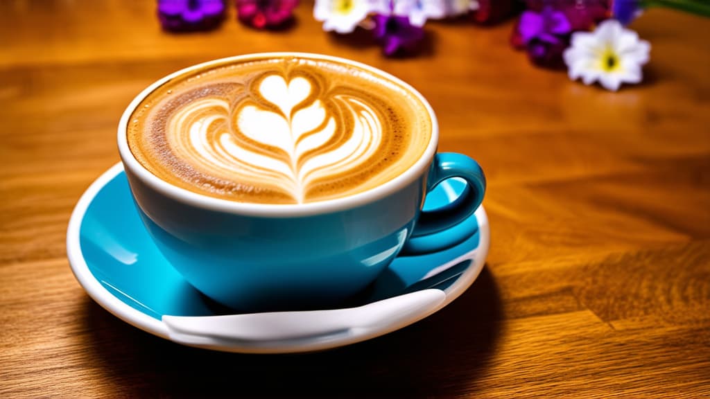  close up of a cup of coffee on an oak table, romantic mystical vibe, latte art, perfection,bouquet of flowers, ornament, trending photo, very nicely presented ar 16:9 {prompt}, maximum details