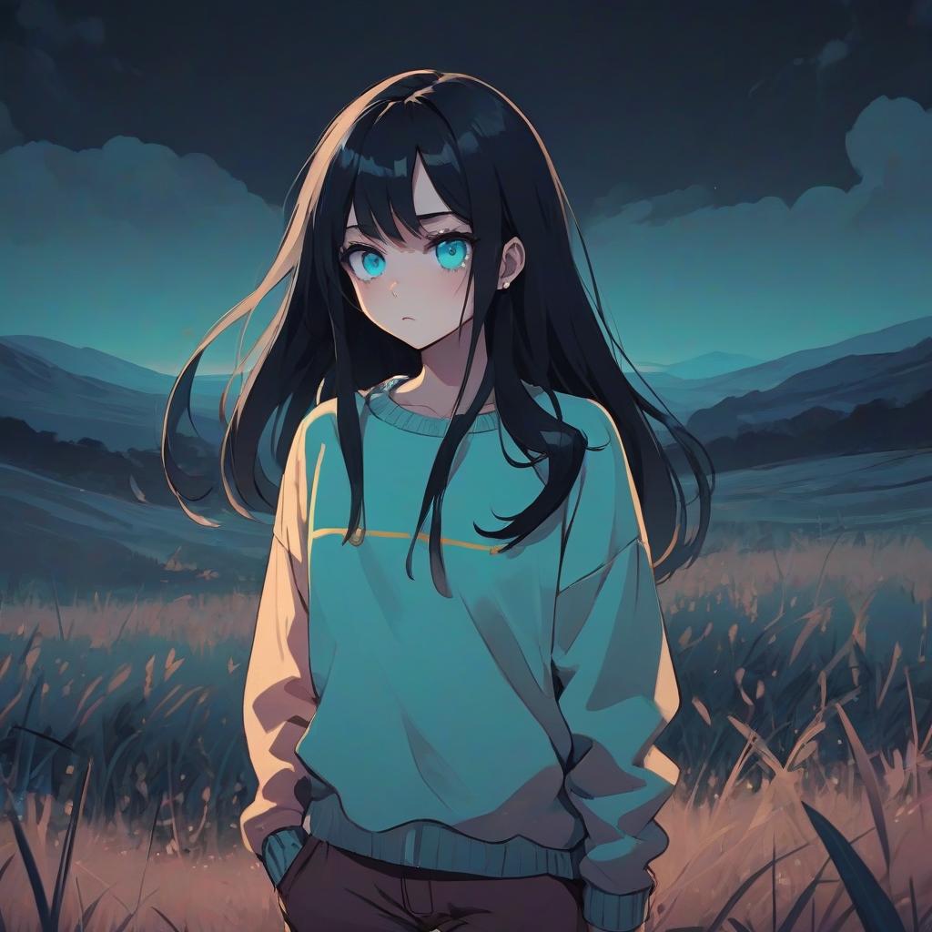  constructivist style image for music in the genre of breakcore in gloomy style. a girl in the anime style with long black hair stands in an empty and night field dressed in a sweater of warm and pastel color and pants. the girl looks into the darkness with black lower eyelids under the eyes full of fear of the unknown and curiosity, and the bright turquoise eyes themselves stand out against the background of everything. the image uses warm and bed tones . geometric shapes, bold colors, dynamic composition, propaganda art style