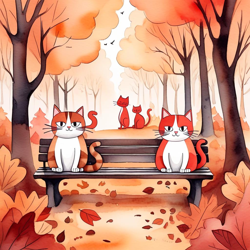  typographic art (painted) (watercolor) cute autumn forest background, autumn forest, soft shades, thin (ink outlines), objects on the edges of the sheet, many details, masterpiece, harmonious composition, autumn evening in a chestnut park, red brown colors, two cats are sitting on a bench, one cat is black and red, the second cat is white and red, the cats touch each other with their noses . stylized, intricate, detailed, artistic, text based