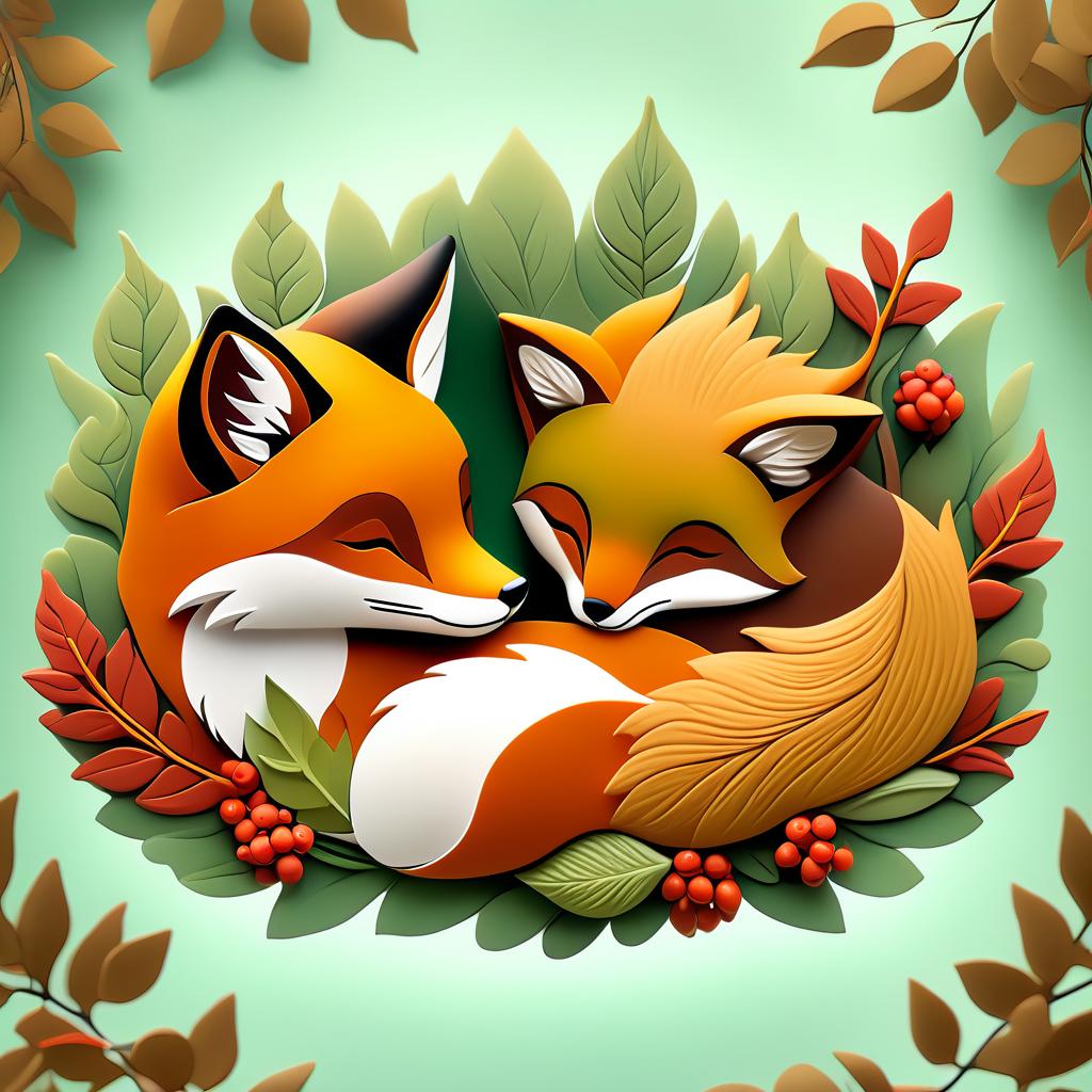  dreamscape (frame):gold round frame decorated with fancy oak leaves and rowan berries. (picture). animalism in fantasy style: little fox sleeping in the arms of big mum fox. appearance of a fox:sweetly sleeping curled up in a ball. (colours):orange, red, white, beige, gold, all shades of green, brown, brown gold. (style):animalism, fantasy, fairy tale, tenderness, kindness, calmness, cartoon . surreal, ethereal, dreamy, mysterious, fantasy, highly detailed, civitai, hkmagic hyperrealistic, full body, detailed clothing, highly detailed, cinematic lighting, stunningly beautiful, intricate, sharp focus, f/1. 8, 85mm, (centered image composition), (professionally color graded), ((bright soft diffused light)), volumetric fog, trending on instagram, trending on tumblr, HDR 4K, 8K