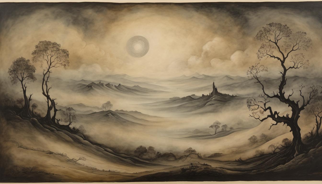  on parchment, surrealism++, shadowy landscape, distant horizon, transition depicted by blending of dark and light colors, swirling mists, sense of change, mystical(mysterious, provocative, symbolic)++