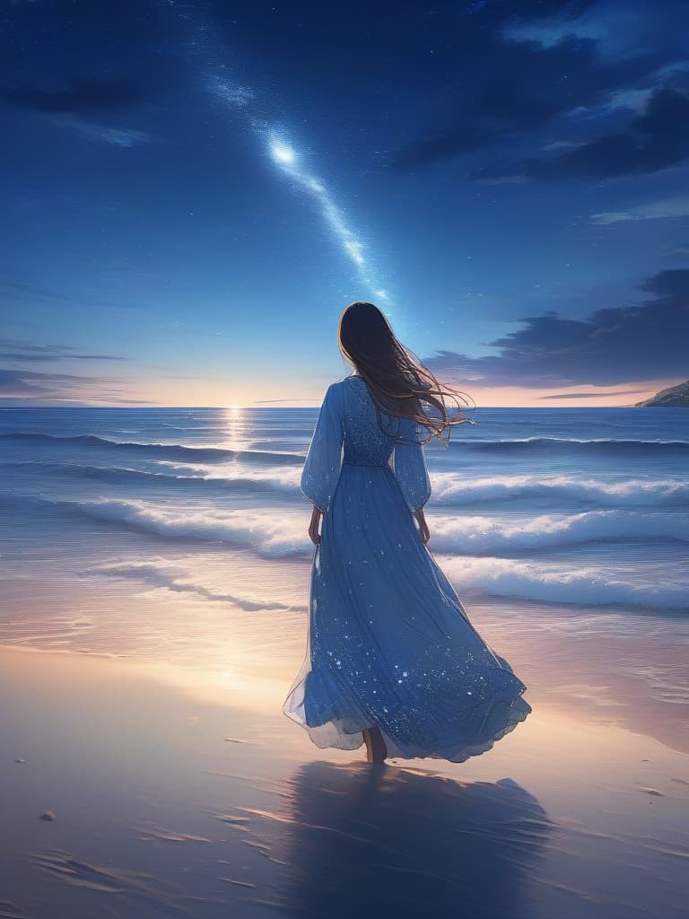  the background is the sea, the sky is the night sky, the back of a woman, the clothes are walking on the dress, the sandy beach, masterpiece, best quality,8k,ultra detailed,high resolution,an extremely delicate and beautiful,hyper detail