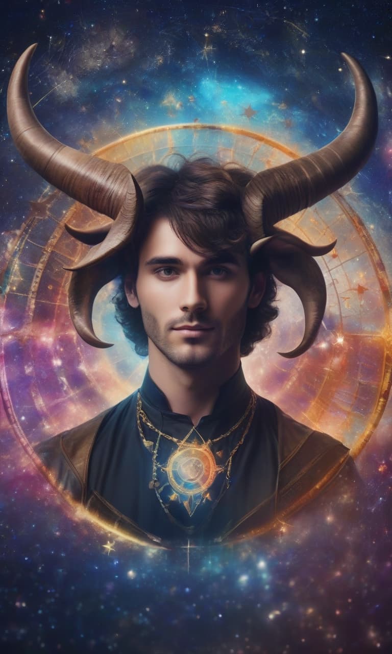  handsome man with bull horns on his head, looks straight, against the background of stars and zodiac signs, around a multicolored aura, close up, 4k, realistically