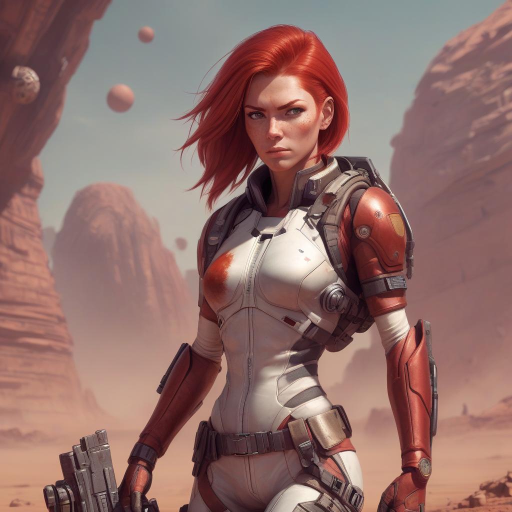  draw a full length female character, athletic build, red hair, the character lives on a distant colonized planet, specialization mercenary