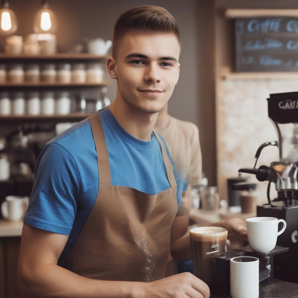  barista young guy, making coffee, a photo in the colors of brown, beige, a guy in a blue t shirt with white divorces