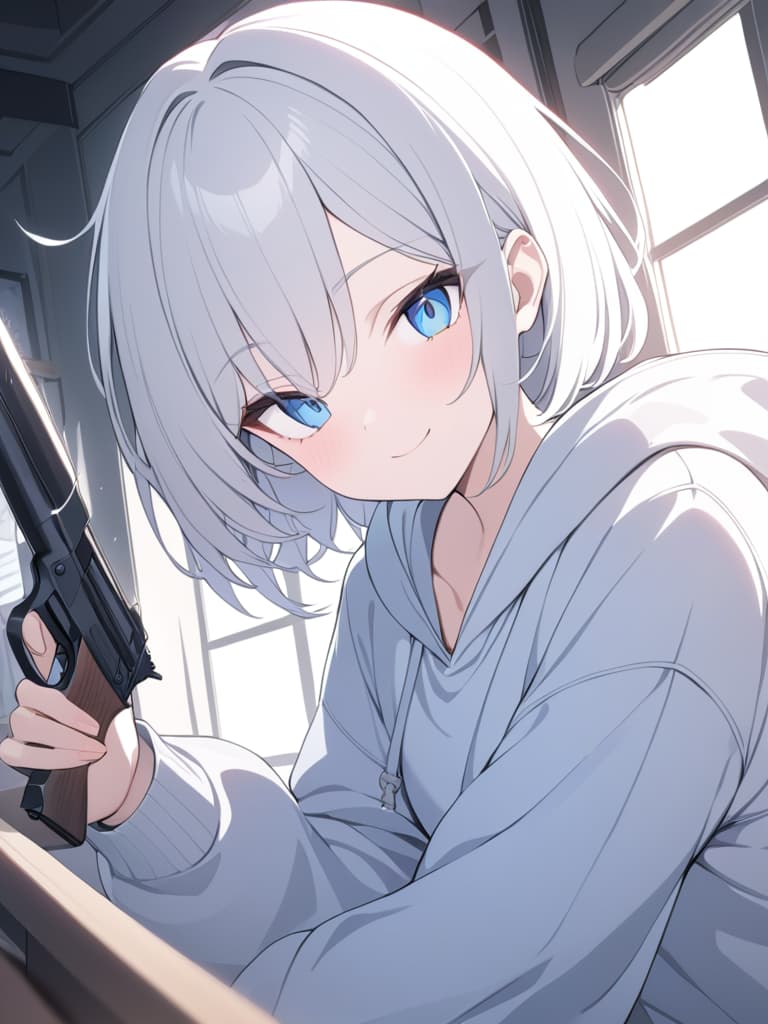  white hair, short bob, blue eyes, energy, boy, hoodie, large hoodie, handgun, smile, knife, masterpiece, best quality,8k,ultra detailed,high resolution,an extremely delicate and beautiful,hyper detail