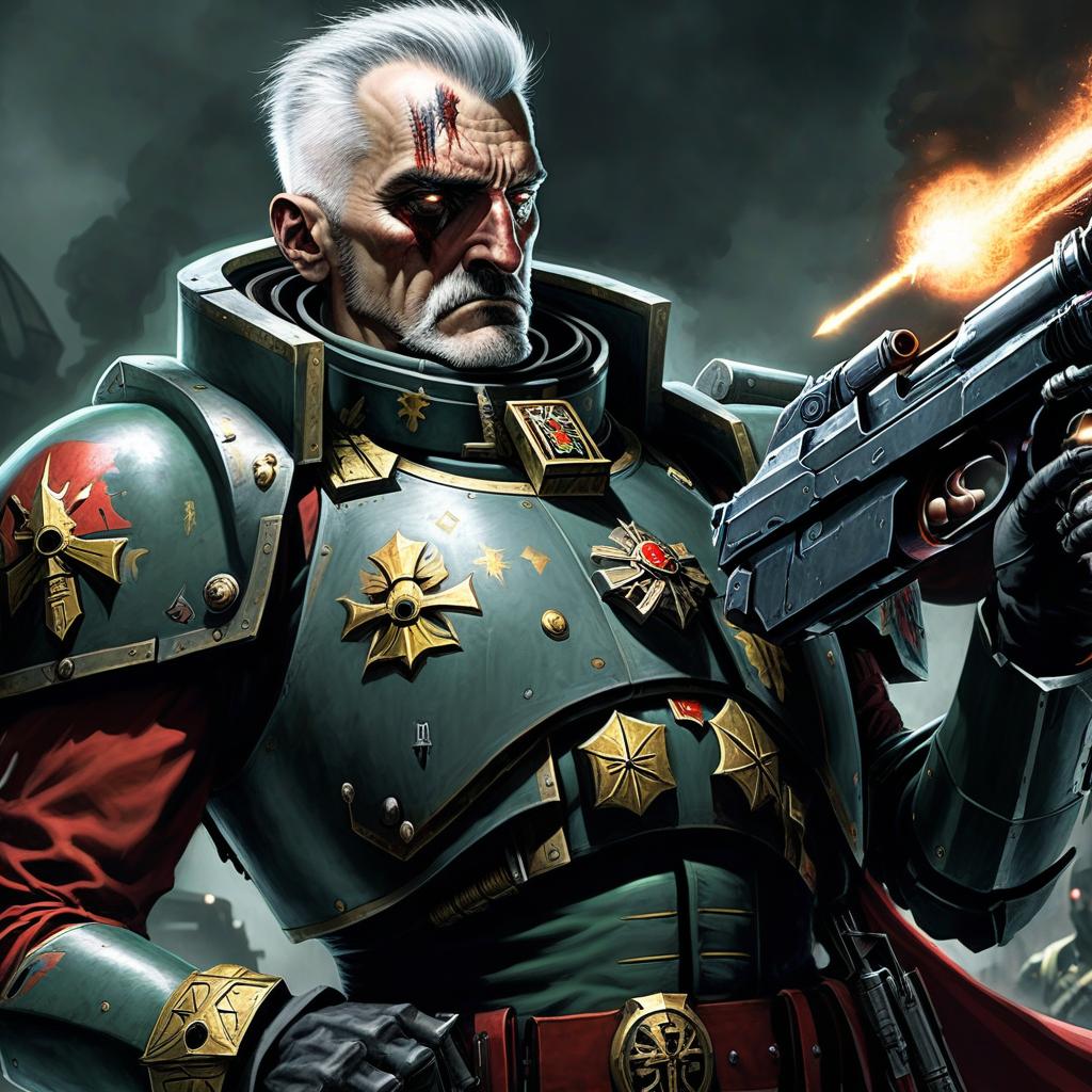  focus on big cybernetic arm of the imperial guard officer from warhammer 40,000, with gray hair and burns on his face and boltpistol in his arm