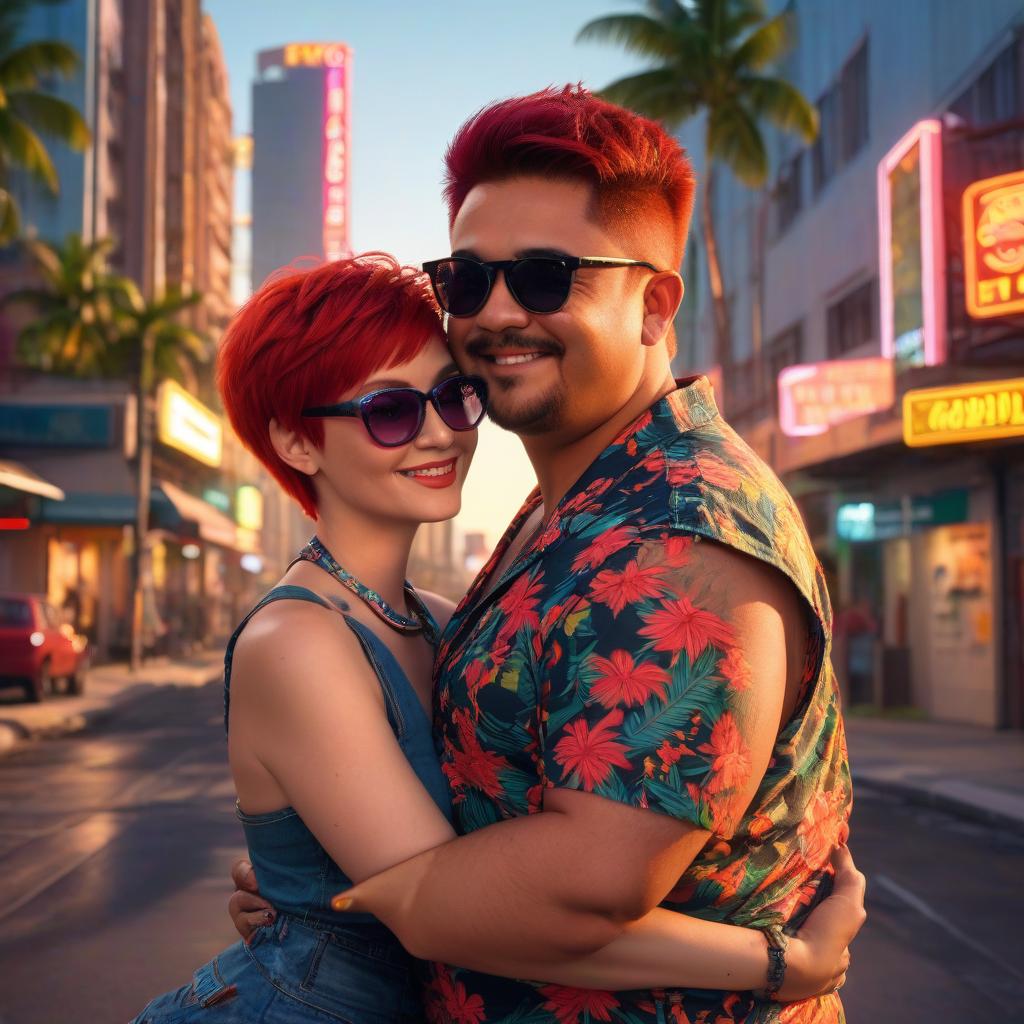  a woman with short red hair. pixie haircut. wearing sunglasses, a tank top, with a choker around his neck. hugging a strong, slightly overweight, dark haired man in a hawaiian shirt with elbow length sleeves and pixel glasses. the street of the city. evening. neon sunset. neon sign "cherry joe". digital photo. high detail. high realism.