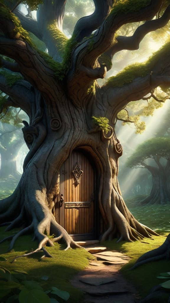  (photorealistic:1.2), (high detail:1.1), stunning digital art, hidden door slightly ajar among ancient oak tree roots, soft shimmering lights spilling out, enchanting forest backdrop, silhouettes of whimsical creatures peeking through, clear details, best quality, extremely detailed cg 8k wallpaper, volumetric lighting, hyper realistic digital art