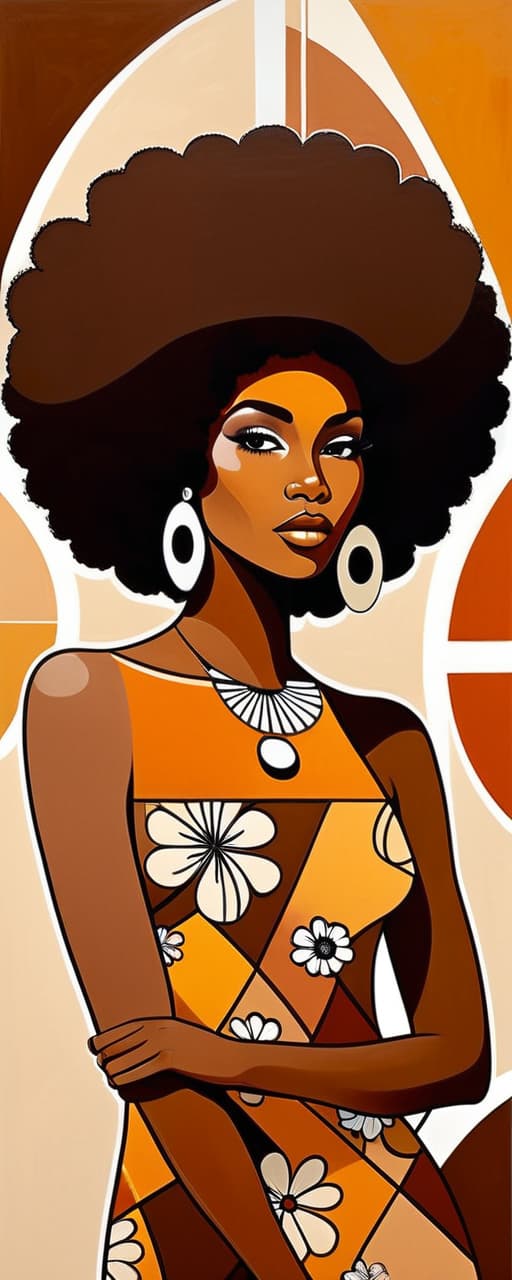  minimalism, a beautiful african woman with brown skin. with an afro. she wears a flowy 70s outfit. a retro brown 70s flower design is in the background. a minimalist painting, abstract, simple geometic shapes, hard edges, sleek contours, minimalism