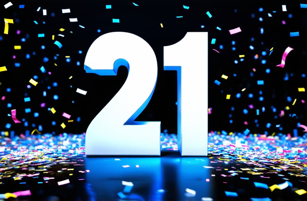  single 3d number "21" standing on solid background, confetti and ribbons falling ar 3:2 {prompt}, maximum details