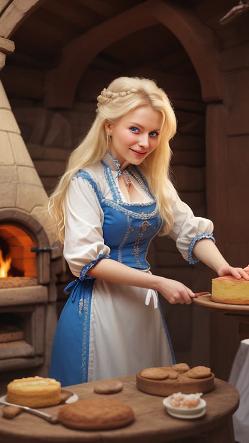  masterpiece, the best quality, a russian woman in traditional clothes prepares cakes in a stone oven, a very light smile, tense, piercing eyes, blue eyes, flowing blond hair, dressed in a traditional russian outfit, cooks in the open air, inside a wooden castle, against the background of an ancient russian throne room in a wooden castle, cartoon style, cute,