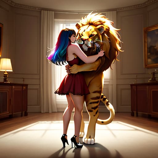  a big cat hugs a cute girl in the living room,pokemon,lion hyperrealistic, full body, detailed clothing, highly detailed, cinematic lighting, stunningly beautiful, intricate, sharp focus, f/1. 8, 85mm, (centered image composition), (professionally color graded), ((bright soft diffused light)), volumetric fog, trending on instagram, trending on tumblr, HDR 4K, 8K