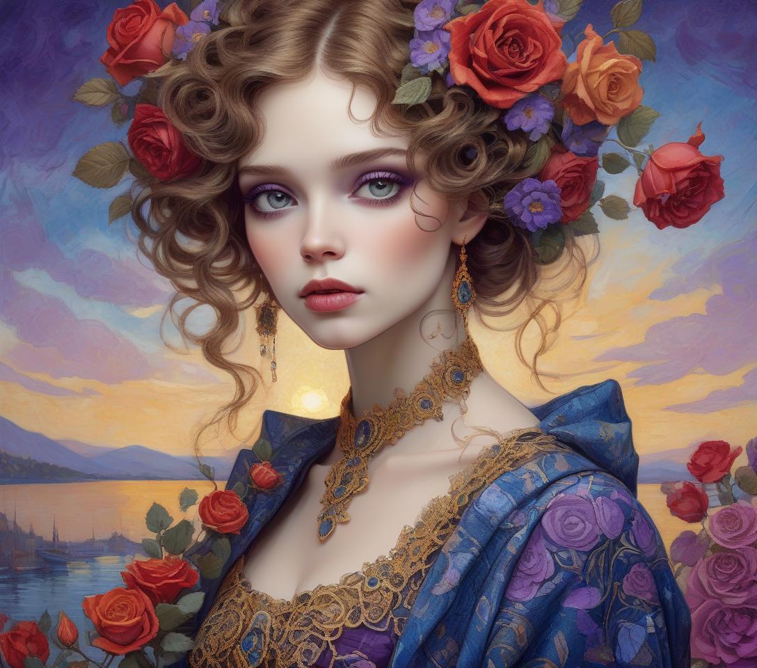  a close up full body portrait of an stylish beautiful woman dressed in klimt style with a beautiful and very detailed face,style of jean baptiste monge, van gogh style, so many kind of flowers ,roses, klimt style. sunset. background, masterpiece, use shades of purple , blue, red and green best quality, super detailed, high resolution, very detailed, 8k uhd, realistic, (natural light), amazing, fine details, best, high quality, raw photo. arte nova. ember filigree and lace.