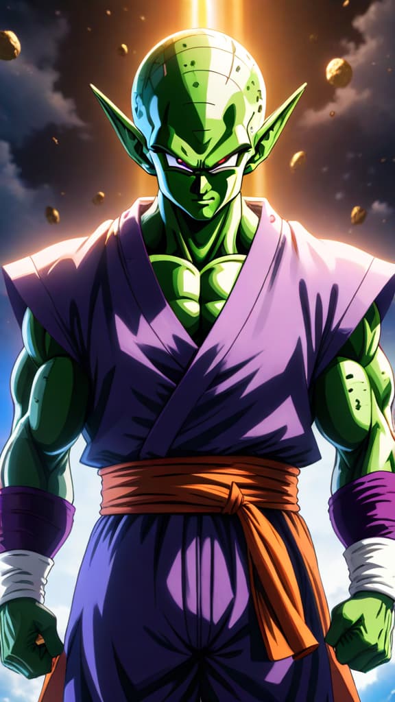  anime art: piccolo's fusion potential surpasses goku as he continuously merges with powerful beings in a dragon ball universe. hyperrealistic, full body, detailed clothing, highly detailed, cinematic lighting, stunningly beautiful, intricate, sharp focus, f/1. 8, 85mm, (centered image composition), (professionally color graded), ((bright soft diffused light)), volumetric fog, trending on instagram, trending on tumblr, HDR 4K, 8K