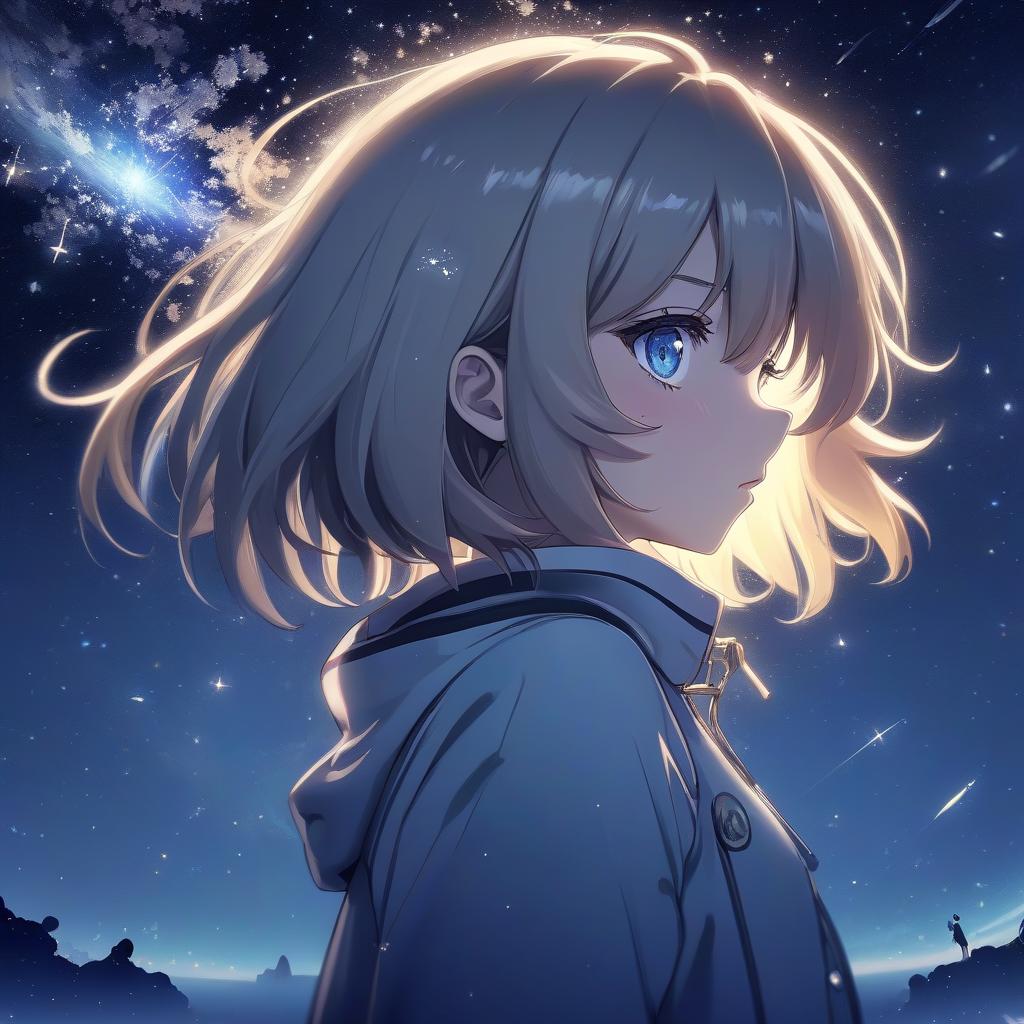  anime artwork night, cold steam from the mouth, standing a girl in her eyes reflected stars and a comet . anime style, key visual, vibrant, studio anime, highly detailed